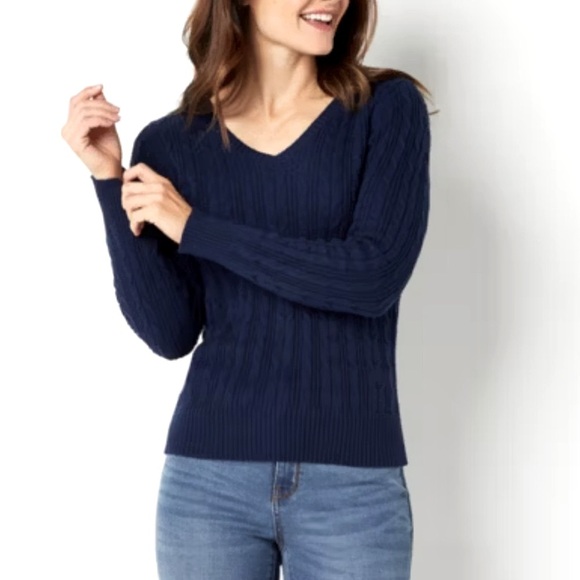 J.CREW Women's V-Neck Cable Knit Sweater, Navy Cashmere - Picture 3 of 4